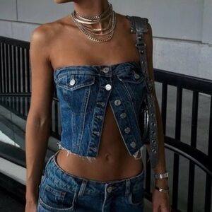 Zara blue denim strapless corset button front cropped top size small